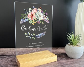 Señal de contraseña Wifi para habitación de invitados, personalizada La contraseña Wifi es señal para invitados, con soporte de madera para oficina en casa, regalo de decoración de negocios