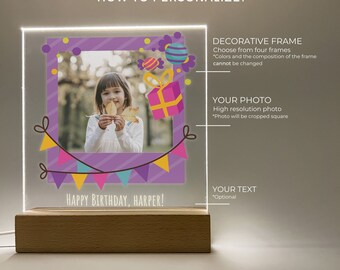 Custom Personalized Name LED Wood Stand Night Light Up Happy Birthday Holiday Photo Picture Frame Lamp, Boys Girls Kids Baby Room Decor Gift