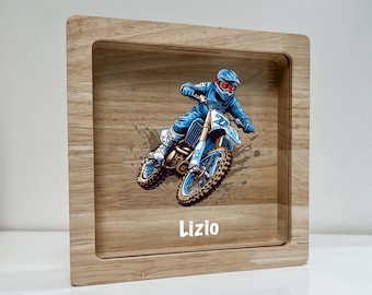 Alcancía de motocross para niños, personalizada con nombre, ideal como regalo para niños, ideal para decorar habitaciones, diseño personalizado