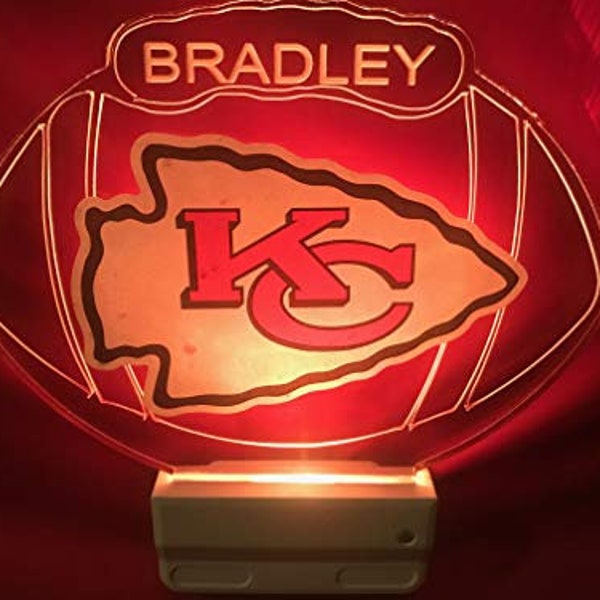 Kansas City KC Chiefs Sports Football Night Light Multi Color Personalized LED Wall Plug-in Cool-Touch Smart Dusk to Dawn Sensor, Super Cool