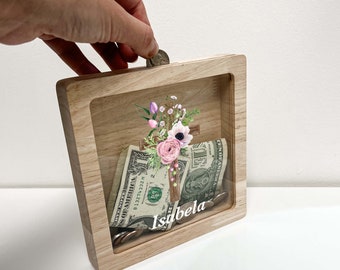 Presente personalizado de batismo, bebê, aniversário, batismo, meninas, primeira comunhão, confirmação de fé, poupança de madeira, caixa de memória sombra
