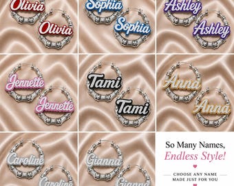 Personalized Name Plate Jewelry Set | Custom Name Necklace & Bamboo Hoop Earrings | 1.5", 2.5" or 3.5" Hoop Size | Gold or Silver Set | Gift