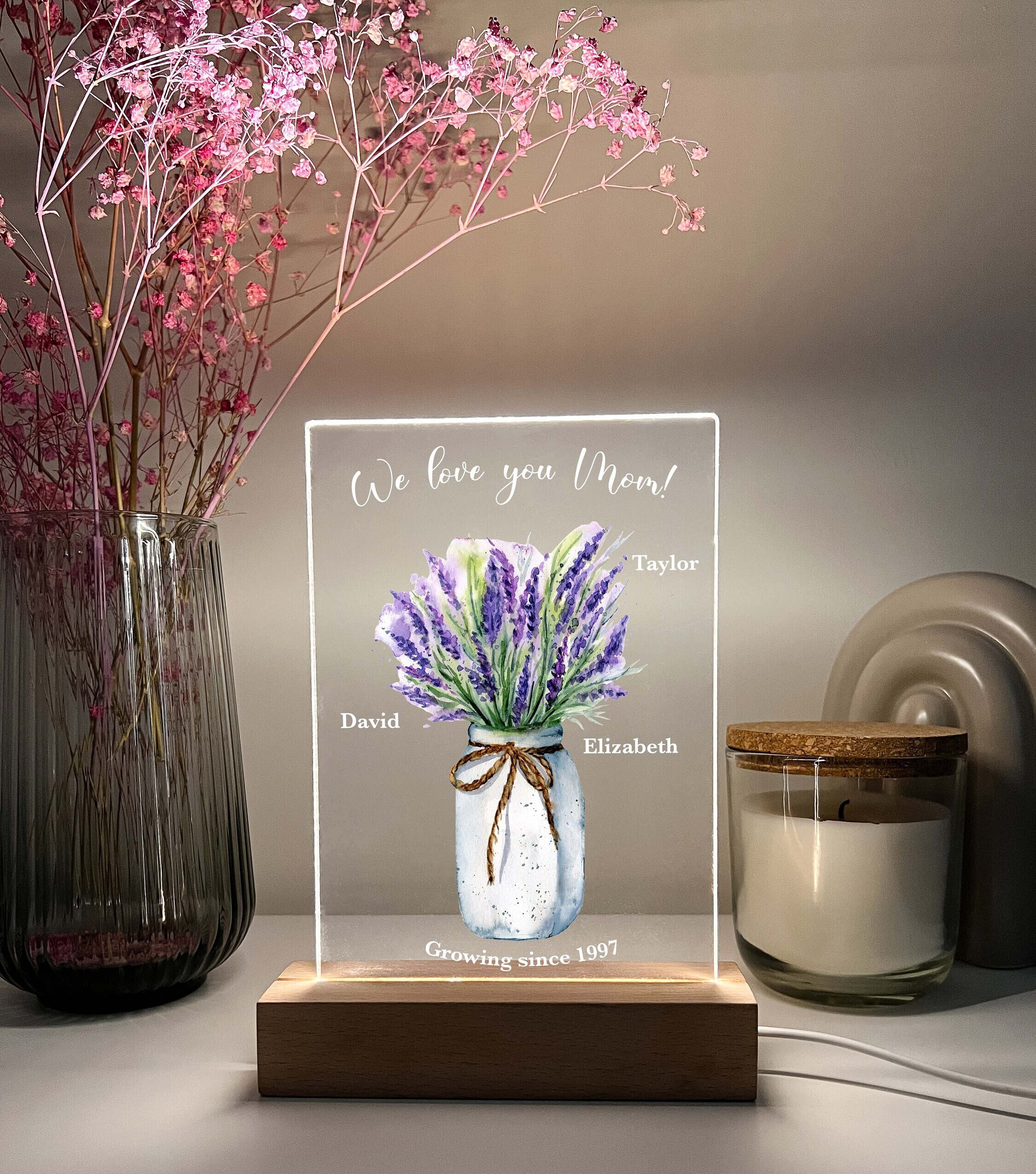 Custom Personalized LED Wood Base Light up Lamp Flowers Vase