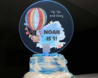 Hot Air Balloon Theme Happy Birthday Cake Topper Top Personalized Name Girls Boys Kids LED Multiple Color Light Effects | Light Up The Party