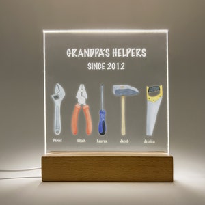 Custom Wood Stand LED Night Light Up Lamp, Fathers Day Gifts, Personalized Gifts, Gift for Grandpa, Best Grandpa&#39;s Pa Helpers Tools Design