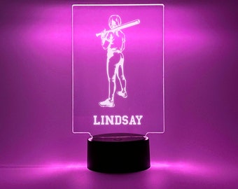 Softball Player Fan Team Light Up, Personalized, 16 Colors LED Room Ball Sports Night Light Lamp FREE Engraving, Remote Control, Themed Gift