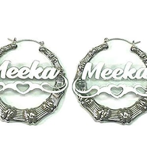 Silver Hoop Bamboo Earrings Name Plate Laser Cut Script Personalized Custom Design Stunning Look, 2.5 Inches Size - Attractive, Great Gift