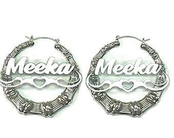 Silver Hoop Bamboo Earrings Name Plate Laser Cut Script Personalized Custom Design Stunning Look, 2.5 Inches Size - Attractive, Great Gift