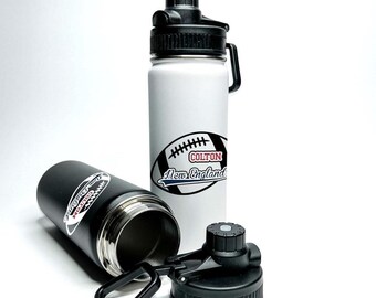 Personalized Stainless Steel Water Bottle Custom Name 18oz Vacuum-Insulated Straw or Mouth Top, Football Fan Player School Team- New England