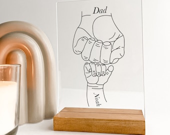 Personalized Father's Day Hands For Daddy With Love Son & Daughter Custom Free Engraved Wooden Plaque Wood Desk Table Stand Perfect Dad Gift