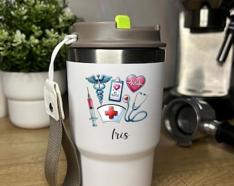 Personalized 16oz Double Wall Stainless Steel Vacuum Insulated Tumbler Coffee Cup Travel Mug 2in1 Lid Cupholder Friendly, Nurse Nursing Gift