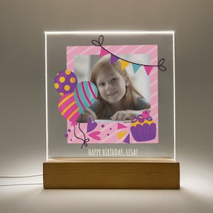 Nom personnalisé personnalisé LED support en bois veilleuse joyeux anniversaire vacances photo cadre lampe, garçons filles enfants bébé chambre décor cadeau