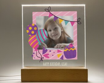 Custom Personalized Name LED Wood Stand Night Light Up Happy Birthday Holiday Photo Picture Frame Lamp, Boys Girls Kids Baby Room Decor Gift