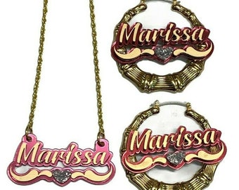 Personalized Matching Necklace and Gold 3 Inch Bamboo Earrings Set Name Plate Custom Laser Cut Order, Diamond Look, Dazzling and Stunning!