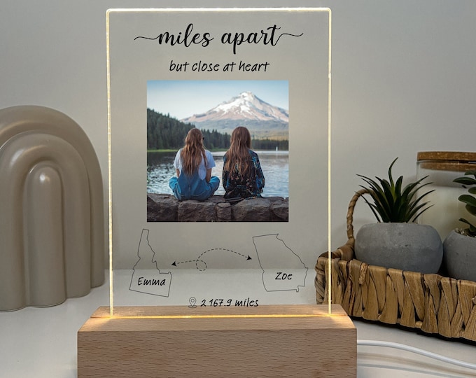 Friendship Long Distance Gift, Personalized Friend Moving Away Gift, Custom Photo, Miles Apart Friendship Sign, Connected States Map Light
