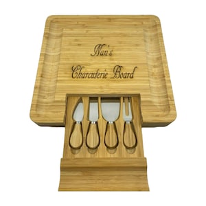 Large Cutting Cheese Charcuterie Board Wooden Tray 13x13” With Entertaining Knife Set Kitchen Serving Tools Bamboo Wood Personalized Engrave