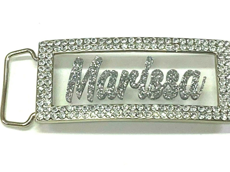 Adjustable Belt Buckle Laser Cut Personalized Custom Bling Rhinestone Silver Glitter Any Name, Word Fantastically Unique and Eye Catching image 4