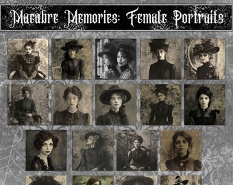 May include: A collection of sepia-toned portraits titled "Macabre Memories: Female Portraits." The images feature women in vintage clothing and hats, with a gothic or Victorian aesthetic. The artwork is displayed on a gray background with a spiderweb design.