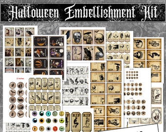 Halloween Journal Embellishment Kit, Tags, Labels, Circles, Journal Cards, Tiles, Dominoes, Postcards, Mason Jar Tags