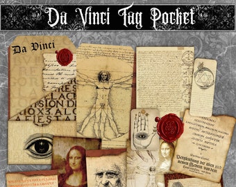 Puede incluir: Una colección de etiquetas y efímeras de estilo vintage, con ilustraciones y escritos atribuidos a Leonardo da Vinci. El diseño incluye imágenes del Hombre de Vitruvio, la Mona Lisa y texto manuscrito, con un sello de cera roja. Las palabras "Da Vinci Tag Pocket" están en la parte superior.