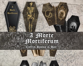 May include: An assortment of coffin-shaped books and decor with a gothic theme. The image features several black and gold coffin-shaped items, including books, with the text "A Morte Mortiferum" and "Coffin Books & Bor".