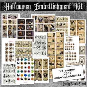 Kit de enfeite de diário de Halloween, etiquetas, etiquetas, círculos, cartões de diário, ladrilhos, dominós, cartões postais, etiquetas de frasco de vidro