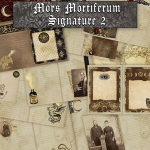 May include: A selection of vintage ephemera with a gothic theme. Features aged paper, illustrations of dragons, an owl, and a spiderweb. The text "Mors Mortiferum Signature 2" is displayed at the top.