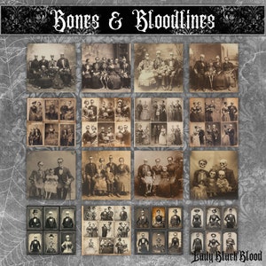 Könnte beinhalten: Eine Sammlung von Vintage-Fotografien, die Skelette in verschiedenen Familienporträts zeigen. Die Bilder sind in Sepia gehalten, mit den Worten "Bones & Bloodlines" oben und "Lady Black Blood" unten.