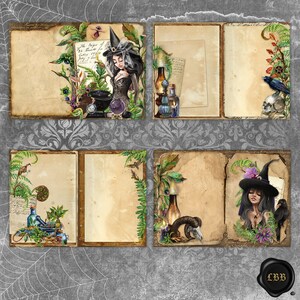May include: A collage of vintage-style pages with illustrations of witches, potions, and botanical elements. The pages feature a distressed, aged appearance with illustrations of witches, skulls, ravens, and potion bottles. The overall theme is gothic and mystical.