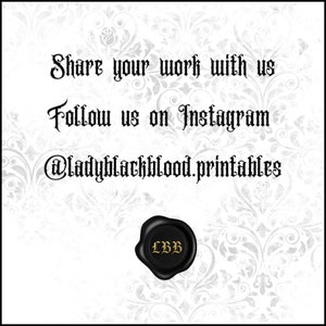 May include: White background with a floral pattern and text in a gothic font. The text reads "Share your work with us", "Follow us on Instagram", and the Instagram handle. A black wax seal with gold lettering is at the bottom.