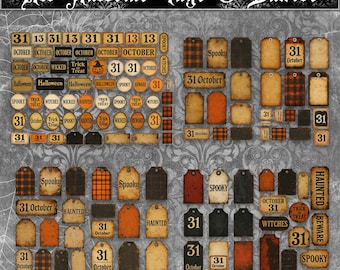 May include: A collection of Halloween-themed tags and labels in various shapes and sizes. The tags feature phrases like "Spooky," "31 October," and "Trick or Treat." The color palette includes orange, black, and brown, with a vintage, distressed look. The text "All Hallows Tags & Labels" is at the top.