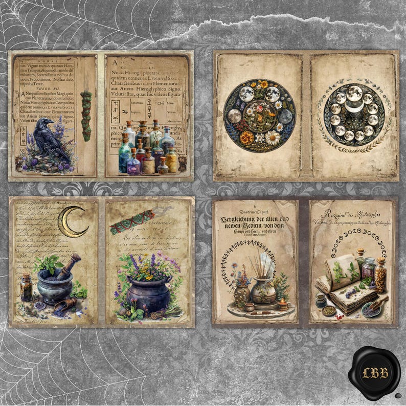 Puede incluir: Un collage de ilustraciones de estilo vintage con temas bot&aacute;nicos y alqu&iacute;micos. Las im&aacute;genes incluyen un cuervo, botellas de pociones, una luna creciente, un mortero y una maja, y un caldero. El fondo es gris texturizado con un dise&ntilde;o de telara&ntilde;a.