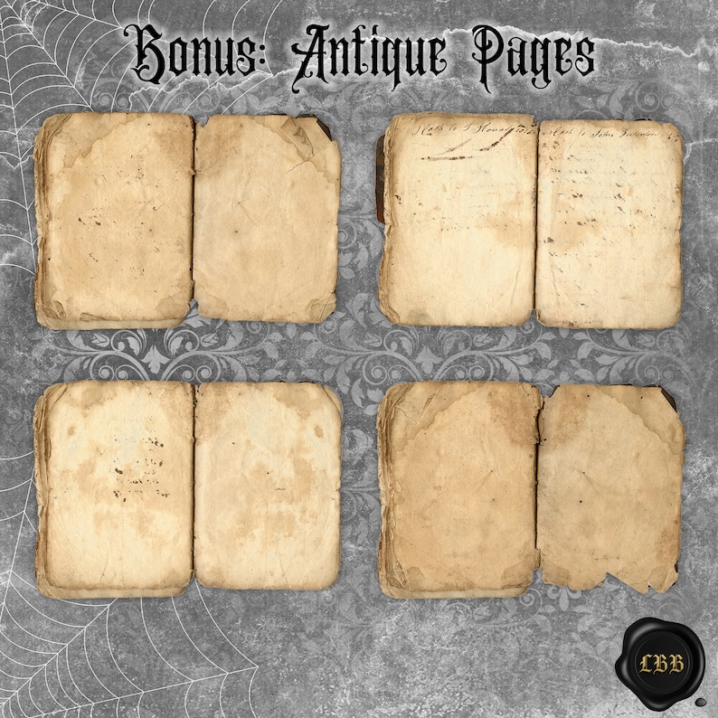 May include: Four sets of antique pages with aged, textured paper. The pages are a warm, faded beige color, with visible wear and tear, including curled edges and stains. The text "Bonus: Antique Pages" is at the top. A black seal with the letters "LBB" is at the bottom.