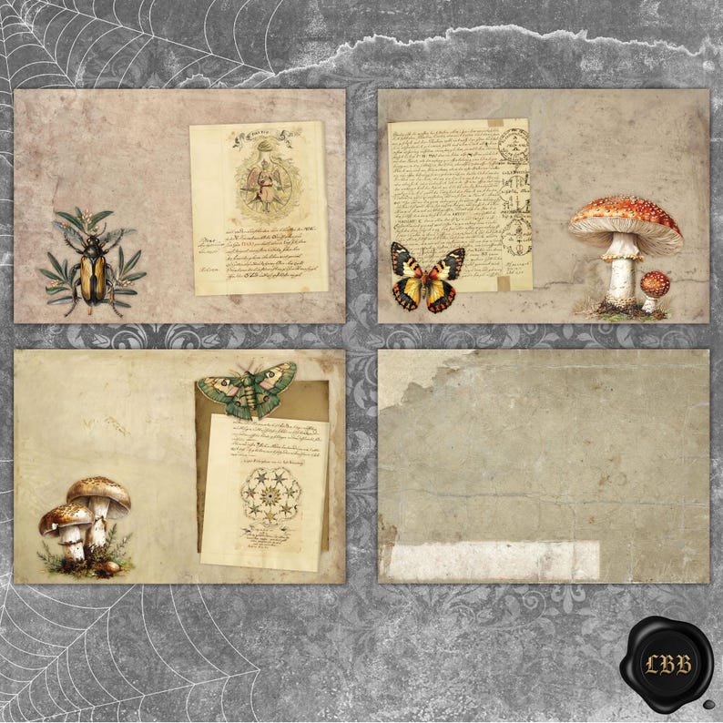 Puede incluir: Un collage de estilo vintage con ilustraciones de escarabajos, mariposas y setas sobre papel envejecido. El fondo es gris con un dise&ntilde;o de telara&ntilde;a. El collage incluye escritura a mano y sellos decorativos.