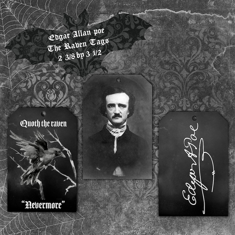 Edgar Allan Poe, The Raven, Gift tags, Halloween ,Goth tags 2 3/8 by 3 1/2 inches image 1
