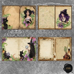 May include: A collage of four vintage-style illustrations with a witchy theme. Each features a woman, a black cat, and floral elements. The illustrations are set against a textured, gray background with a spiderweb design.