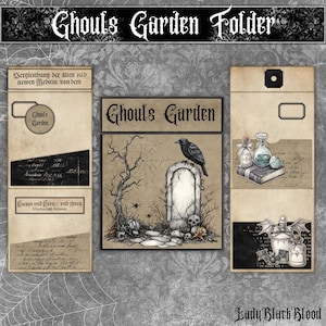 May include: A gothic-themed folder set with the text "Ghouls Garden Folder". The central image features a raven perched on a tombstone, with skulls and a barren tree. Additional panels display text and illustrations of potions and books.