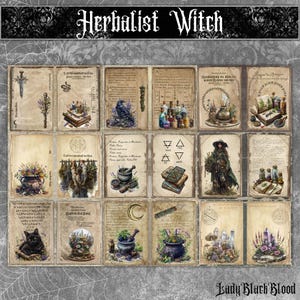 Puede incluir: Un conjunto de tarjetas de estilo vintage con ilustraciones de hierbas, pociones y s&iacute;mbolos m&iacute;sticos. Las tarjetas presentan el texto "Herbalist Witch" y "Lady Black Blood". El tema est&aacute; relacionado con la brujer&iacute;a y la herborister&iacute;a.