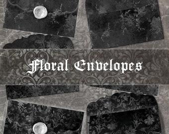 Floral, Damask Envelopes, Wedding Invitations, Party Invitations, Gifts, Gothic, Dark floral, Black Grey and White Printable Envelopes
