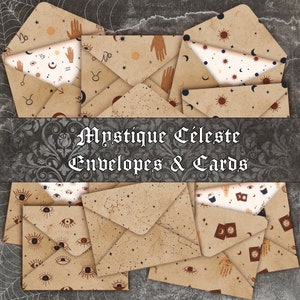 Celestial Mystical Envelopes and Card Inserts on vintage background and cards, Set of 5, 5x4inches.