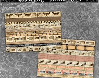 Curiosity Washi Tape Strips | 19 Vintage Apothecary & Anatomy Washi Strips | Printable Halloween Washi | Antique Specimen and Skull Tape