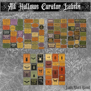Peut inclure: Un ensemble d'étiquettes de style vintage avec des polices gothiques et des illustrations, avec des phrases comme "Poison", "Elixir" et "Haunted Object". Les étiquettes sont de différentes couleurs et formes, avec des graphiques d'insectes et de crânes.