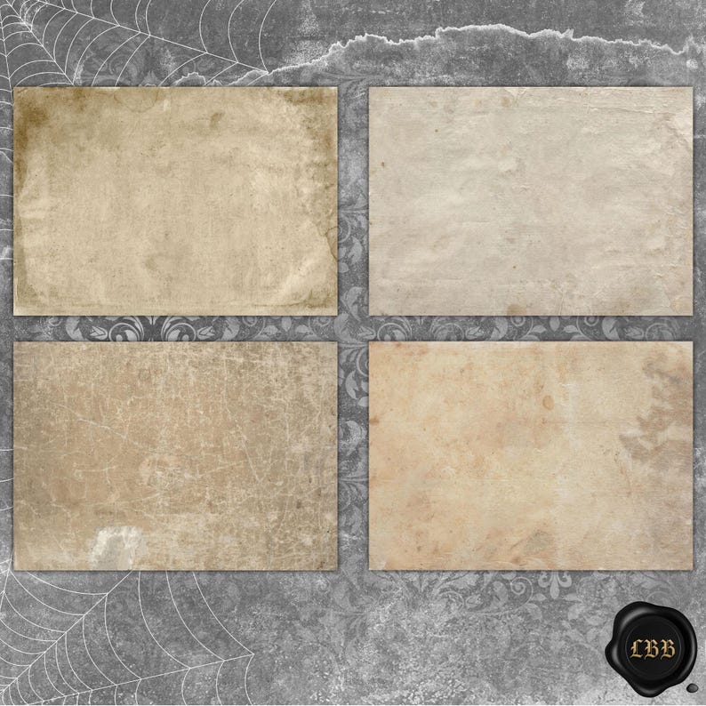 Puede incluir: Cuatro texturas rectangulares de papel envejecido en tonos beige y marr&oacute;n claro, dispuestas sobre un fondo gris con un dise&ntilde;o de telara&ntilde;a. Los papeles tienen bordes desgastados y un aspecto vintage, ideales para manualidades.