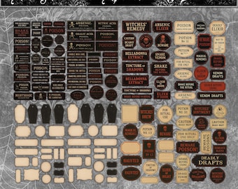 May include: A collection of vintage-style apothecary labels with various designs and text, including "Poison," "Elixir," and "Witches' Remedy." The labels are in shades of brown, black, and cream, with decorative borders and fonts. The words "All Hallows Apothecary Labels" are at the top.