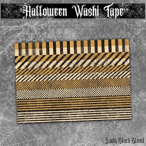 May include: A sheet of Halloween washi tape featuring black and gold patterns. The designs include stripes, diagonal lines, and a checkered pattern. The text "Halloween Washi Tape" is displayed at the top.