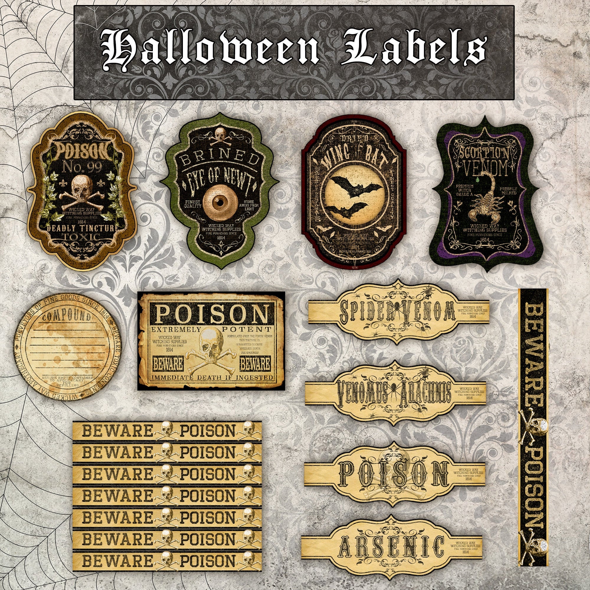 Halloween Bottle Stickers Vintage Halloween Labels Set of 15