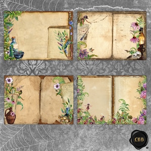 May include: Four vintage-style journal pages with botanical illustrations and aged paper textures. Each page is adorned with watercolor images of flowers, herbs, and small creatures. The background features a gray damask pattern and a spiderweb design.