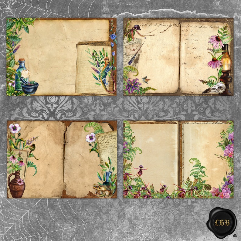 May include: Four vintage-style journal pages with botanical illustrations and aged paper textures. Each page is adorned with watercolor images of flowers, herbs, and small creatures. The background features a gray damask pattern and a spiderweb design.