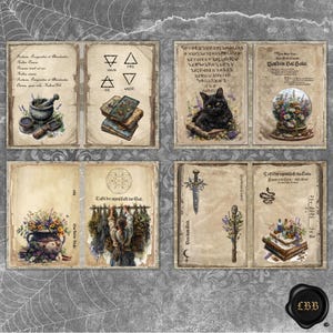 Puede incluir: Un collage de ilustraciones de estilo vintage con tem&aacute;tica m&iacute;stica. Las im&aacute;genes incluyen un gato negro, una bola de cristal, libros, hierbas y s&iacute;mbolos alqu&iacute;micos. La paleta de colores es apagada, con tonos sepia y toques de morado y verde.