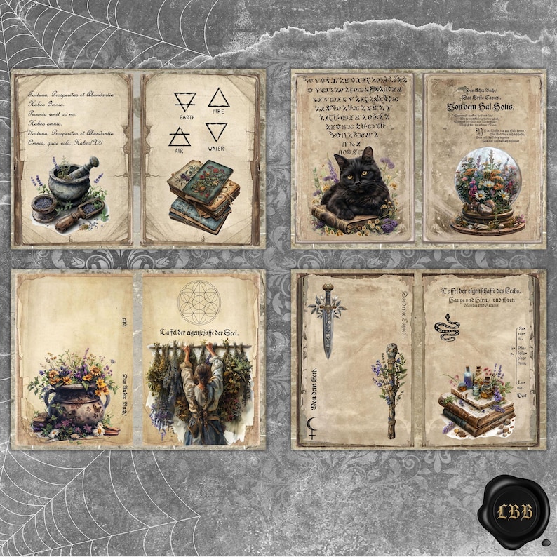 Puede incluir: Un collage de ilustraciones de estilo vintage con tem&aacute;tica m&iacute;stica. Las im&aacute;genes incluyen un gato negro, una bola de cristal, libros, hierbas y s&iacute;mbolos alqu&iacute;micos. La paleta de colores es apagada, con tonos sepia y toques de morado y verde.